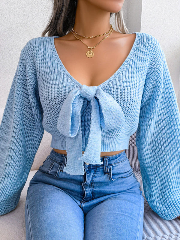 Blue Zone Planet |  Bow V-Neck Lantern Sleeve Crop Sweater BLUE ZONE PLANET