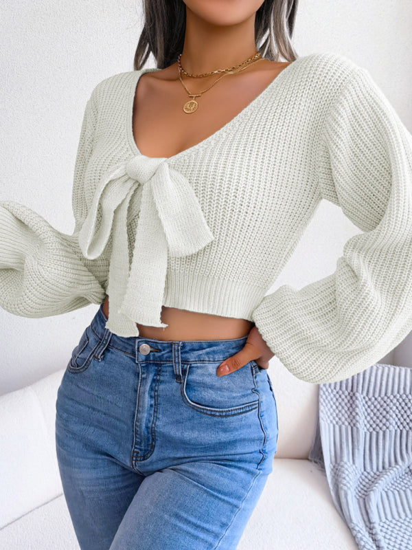 Blue Zone Planet |  Bow V-Neck Lantern Sleeve Crop Sweater BLUE ZONE PLANET