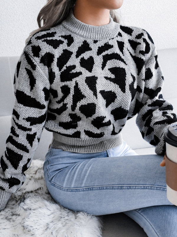 Women's Casual Leopard Print Nipped Knit Crop Navel Sweater-[Adult]-[Female]-2022 Online Blue Zone Planet