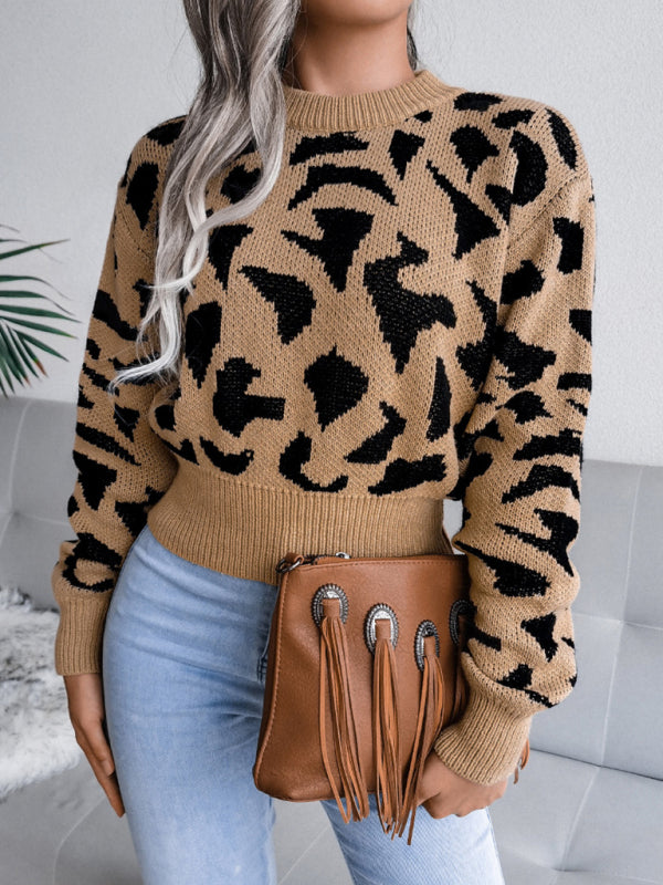 Women's Casual Leopard Print Nipped Knit Crop Navel Sweater-[Adult]-[Female]-2022 Online Blue Zone Planet