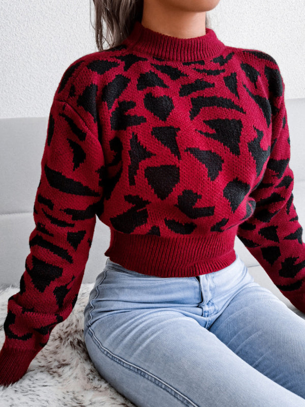 Women's Casual Leopard Print Nipped Knit Crop Navel Sweater-[Adult]-[Female]-2022 Online Blue Zone Planet