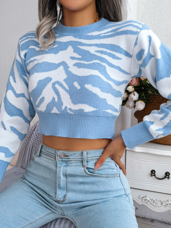 Women's Tiger Print Long Sleeve Crop Knit Sweater-TOPS / DRESSES-[Adult]-[Female]-2022 Online Blue Zone Planet