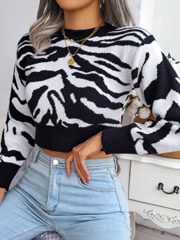 Women's Tiger Print Long Sleeve Crop Knit Sweater-TOPS / DRESSES-[Adult]-[Female]-2022 Online Blue Zone Planet