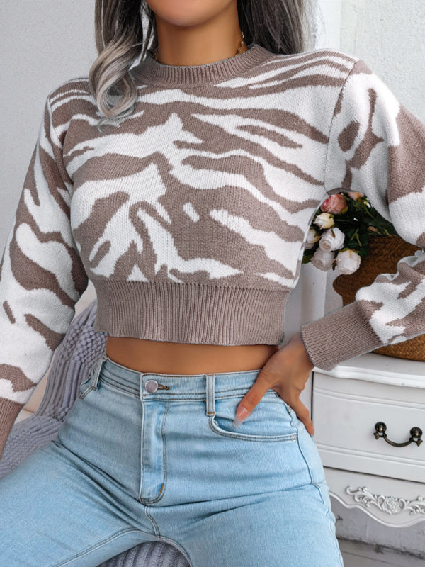 Women's Tiger Print Long Sleeve Crop Knit Sweater-TOPS / DRESSES-[Adult]-[Female]-2022 Online Blue Zone Planet