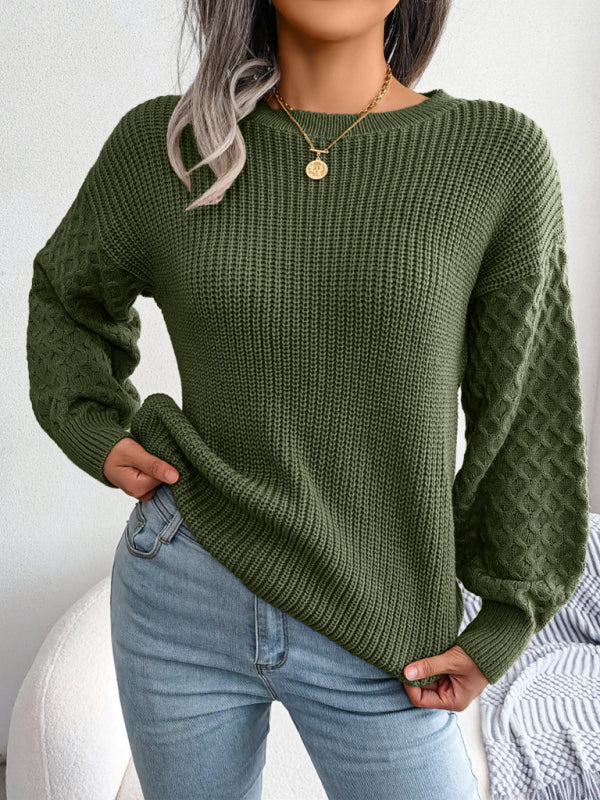 Women's Casual Lantern Long Sleeve Knit Sweater-[Adult]-[Female]-Olive green-S-2022 Online Blue Zone Planet