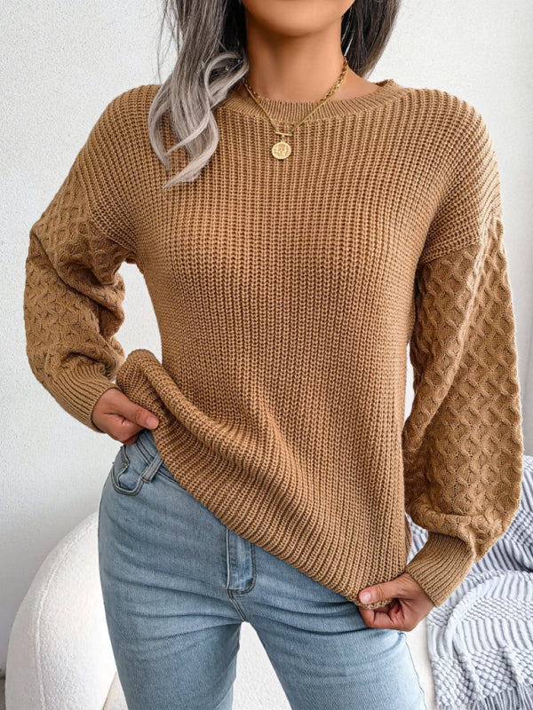 Women's Casual Lantern Long Sleeve Knit Sweater-[Adult]-[Female]-Khaki-S-2022 Online Blue Zone Planet