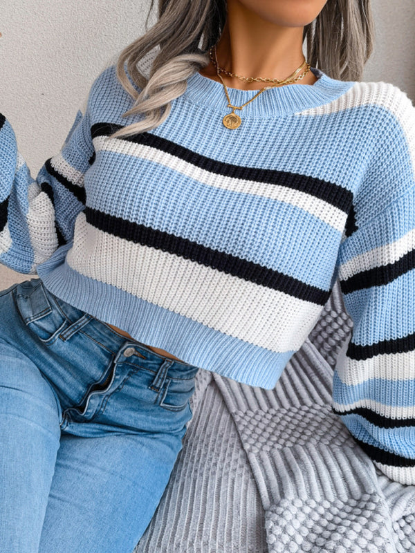 Women's Casual Striped Long Sleeve Crop Knit Sweater-[Adult]-[Female]-2022 Online Blue Zone Planet