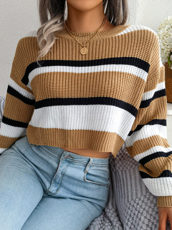 Women's Casual Striped Long Sleeve Crop Knit Sweater-[Adult]-[Female]-2022 Online Blue Zone Planet