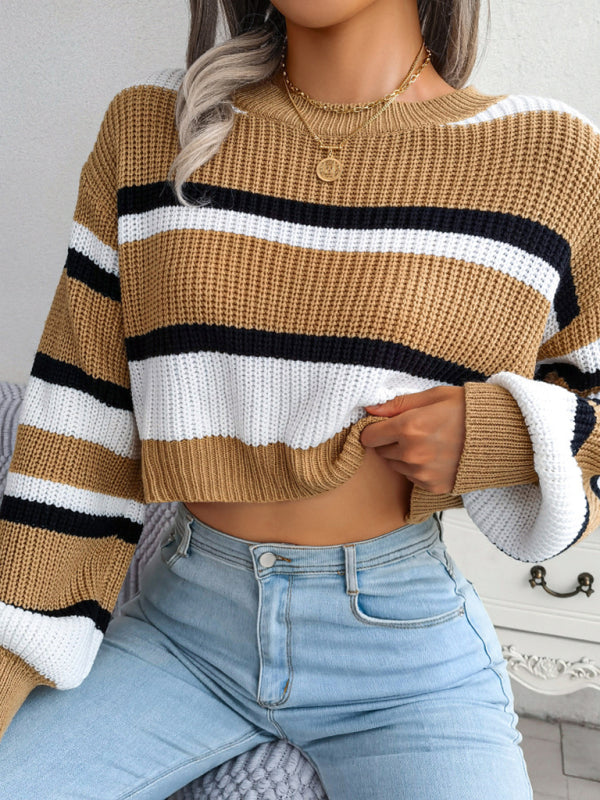 Women's Casual Striped Long Sleeve Crop Knit Sweater-[Adult]-[Female]-2022 Online Blue Zone Planet