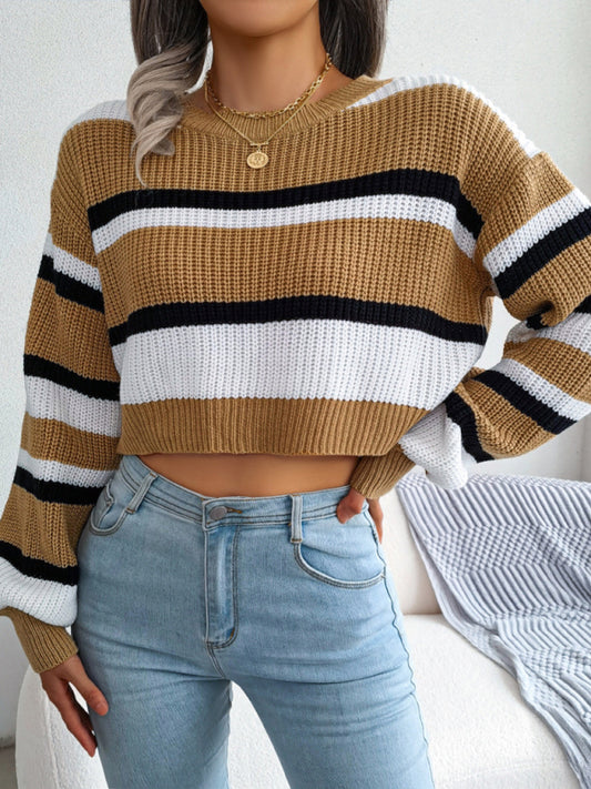 Women's Casual Striped Long Sleeve Crop Knit Sweater-[Adult]-[Female]-Khaki-S-2022 Online Blue Zone Planet