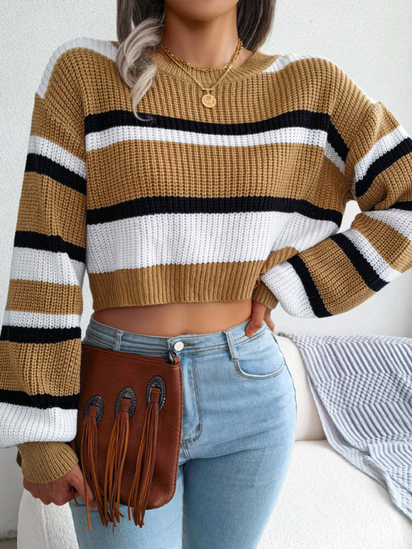 Women's Casual Striped Long Sleeve Crop Knit Sweater-[Adult]-[Female]-2022 Online Blue Zone Planet