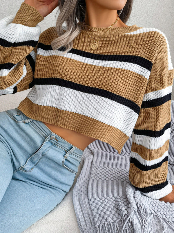 Women's Casual Striped Long Sleeve Crop Knit Sweater-[Adult]-[Female]-2022 Online Blue Zone Planet