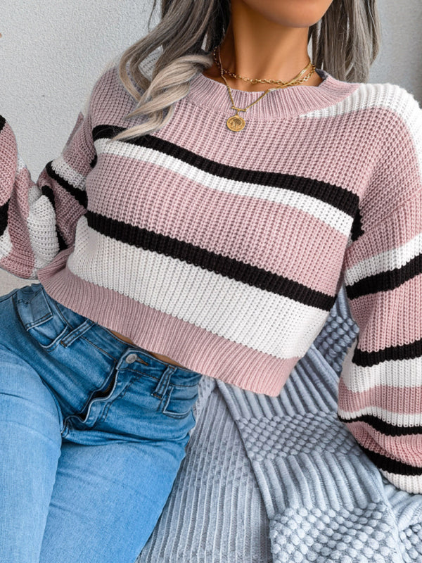 Women's Casual Striped Long Sleeve Crop Knit Sweater-[Adult]-[Female]-2022 Online Blue Zone Planet