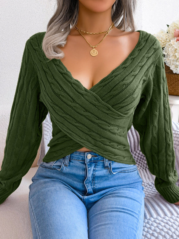 Women's Cross V-Neck Twist Long Sleeve Crop Sweater-[Adult]-[Female]-2022 Online Blue Zone Planet