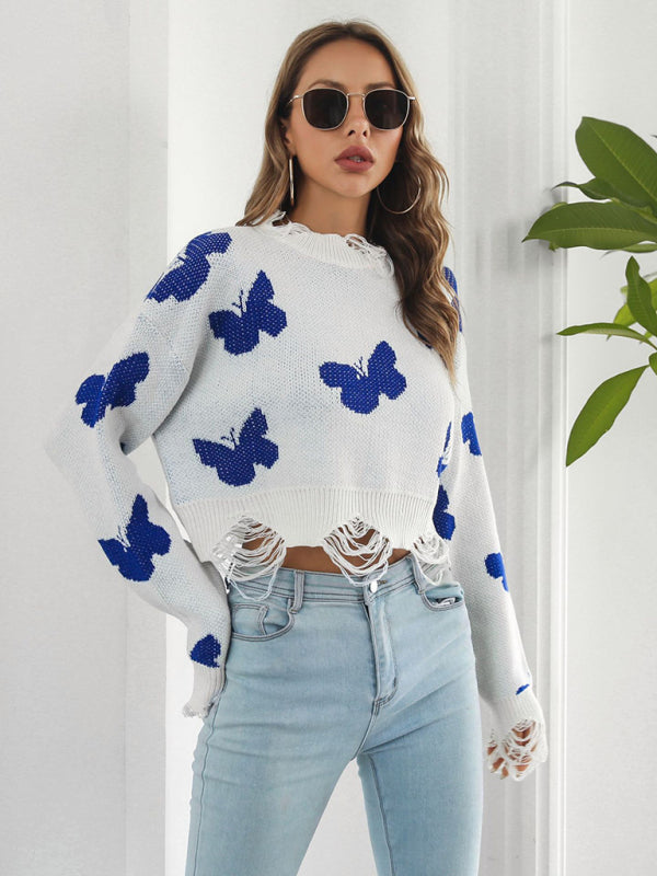 Bella's Ripped Butterfly Jacquard Short Sweater-TOPS / DRESSES-[Adult]-[Female]-Raw white off white-S-2022 Online Blue Zone Planet