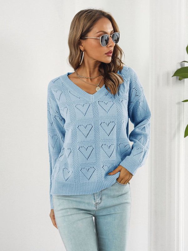 Women's Cutout Heart Plaid Drop-Shoulder Sleeve Sweater-[Adult]-[Female]-2022 Online Blue Zone Planet