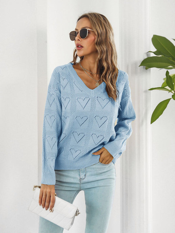 Women's Cutout Heart Plaid Drop-Shoulder Sleeve Sweater-[Adult]-[Female]-Blue-S-2022 Online Blue Zone Planet