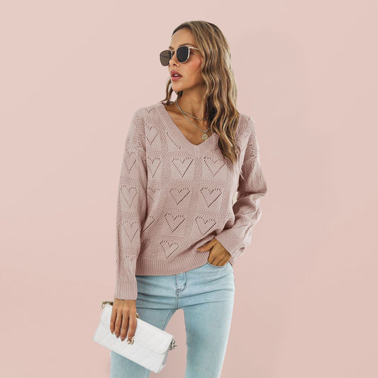 Women's Cutout Heart Plaid Drop-Shoulder Sleeve Sweater-[Adult]-[Female]-Pink-S-2022 Online Blue Zone Planet