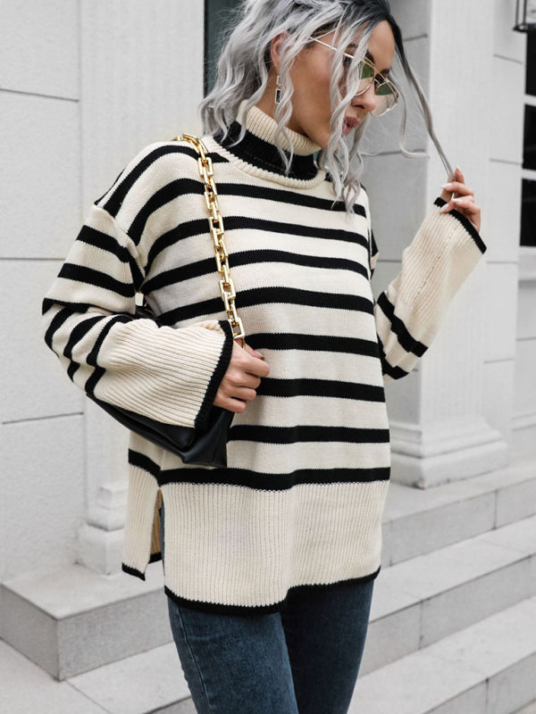 Blue Zone Planet | Striped Side Slit Turtleneck Midi Sweater BLUE ZONE PLANET