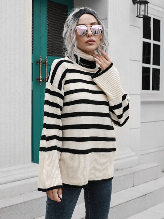 Women's Striped Side Slit Turtleneck Mid Length Sweater-[Adult]-[Female]-Cracker khaki-S-2022 Online Blue Zone Planet