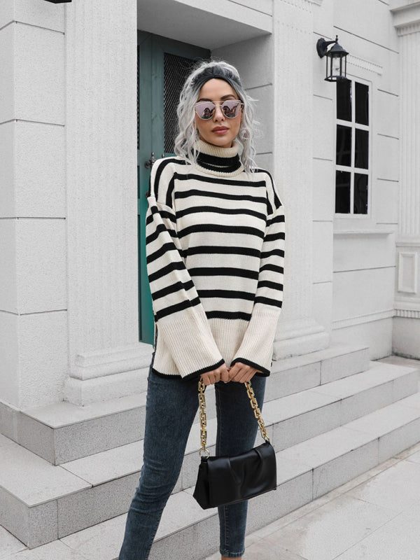 Blue Zone Planet | Striped Side Slit Turtleneck Midi Sweater BLUE ZONE PLANET