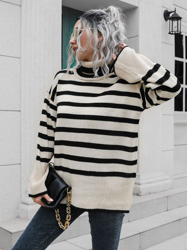 Blue Zone Planet | Striped Side Slit Turtleneck Midi Sweater BLUE ZONE PLANET