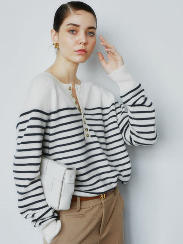 Women's Striped Single Breasted Raglan Sleeve Sweater-[Adult]-[Female]-Raw white off white-S-2022 Online Blue Zone Planet