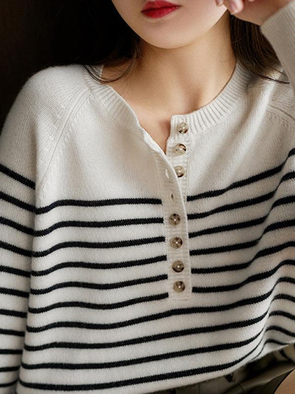 Women's Striped Single Breasted Raglan Sleeve Sweater-[Adult]-[Female]-2022 Online Blue Zone Planet