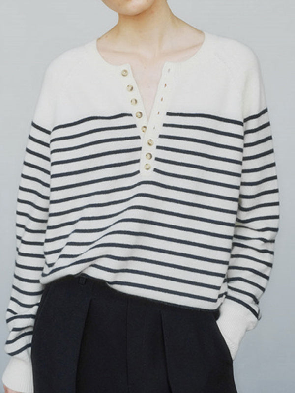 Women's Striped Single Breasted Raglan Sleeve Sweater-[Adult]-[Female]-2022 Online Blue Zone Planet