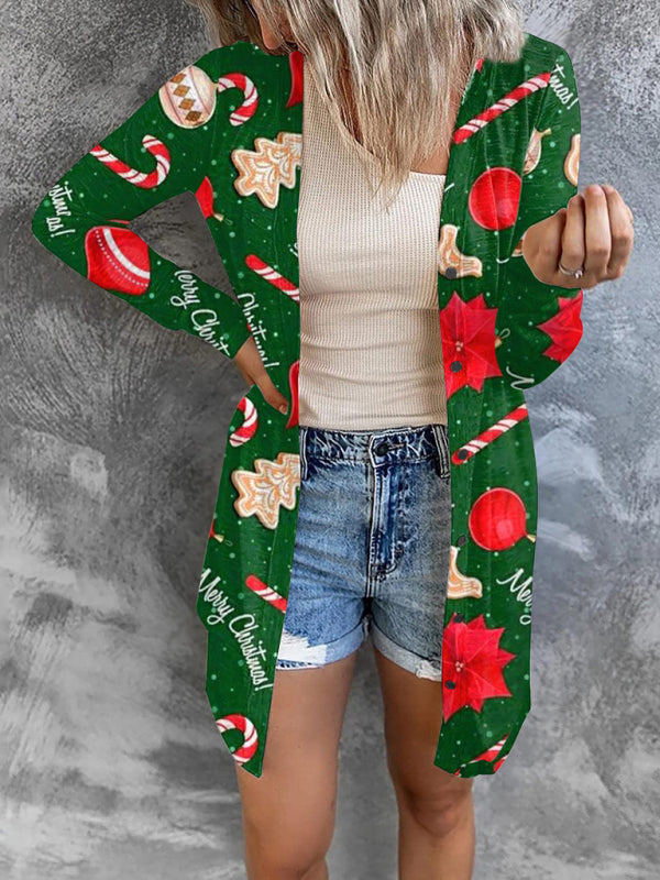 Christmas themed printed jacket small cardigan-[Adult]-[Female]-Green-S-2022 Online Blue Zone Planet