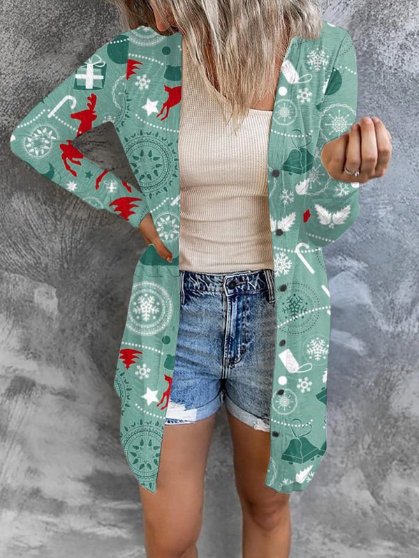 Christmas themed printed jacket small cardigan-[Adult]-[Female]-Pale green-S-2022 Online Blue Zone Planet