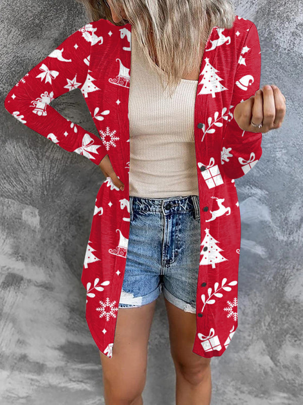 Christmas themed printed jacket small cardigan-[Adult]-[Female]-Red-S-2022 Online Blue Zone Planet