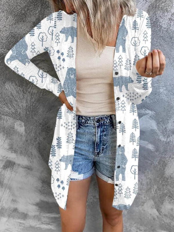 Christmas themed printed jacket small cardigan-[Adult]-[Female]-Raw white off white-S-2022 Online Blue Zone Planet