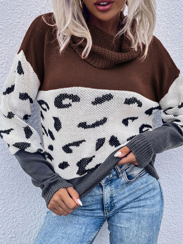 Women's leopard print collision color pile collar long sleeve pullover sweater-[Adult]-[Female]-Coffee-S-2022 Online Blue Zone Planet