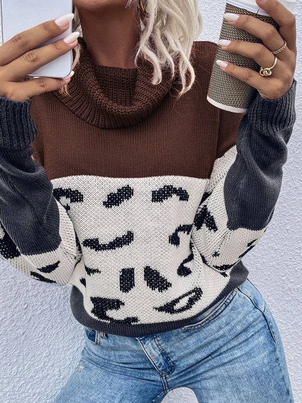 Women's leopard print collision color pile collar long sleeve pullover sweater-[Adult]-[Female]-2022 Online Blue Zone Planet