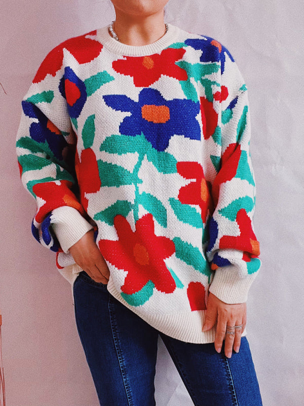 Blue Zone Planet | Big Flower Embroidered Crew Neck Drop-Shoulder Sleeve Sweater-TOPS / DRESSES-[Adult]-[Female]-2022 Online Blue Zone Planet