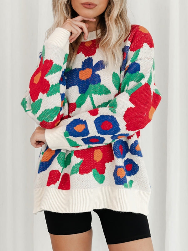 Blue Zone Planet | Big Flower Embroidered Crew Neck Drop-Shoulder Sleeve Sweater-TOPS / DRESSES-[Adult]-[Female]-2022 Online Blue Zone Planet
