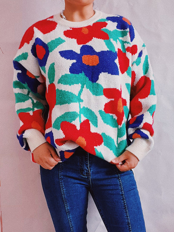 Blue Zone Planet | Big Flower Embroidered Crew Neck Drop-Shoulder Sleeve Sweater-TOPS / DRESSES-[Adult]-[Female]-Raw white off white-S-2022 Online Blue Zone Planet
