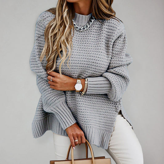 Casual Half Turtleneck Dropped Sleeve Side Slit Sweater-[Adult]-[Female]-Grey-S-2022 Online Blue Zone Planet