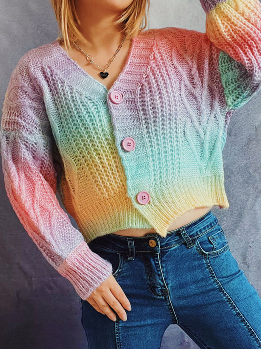 Ombre Single-Breasted Drop-Sleeve Sleeve Sweater Cardigan