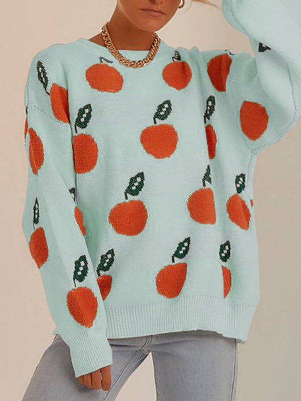 Blue Zone Planet | Orange Pattern Crew Neck Drop-Shoulder Sleeves Pullover Sweater-TOPS / DRESSES-[Adult]-[Female]-2022 Online Blue Zone Planet