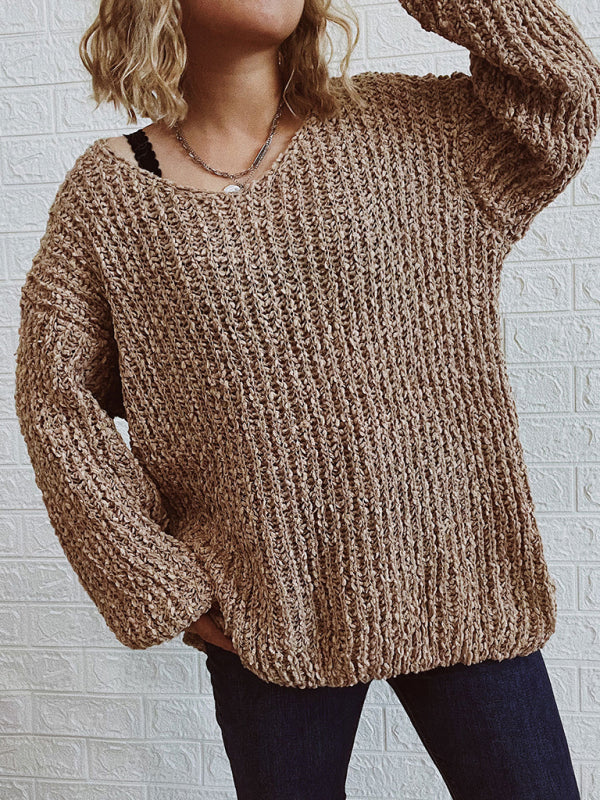 V-Neck Drop-Shoulder Sleeve Knit Sweater Sweater-[Adult]-[Female]-2022 Online Blue Zone Planet