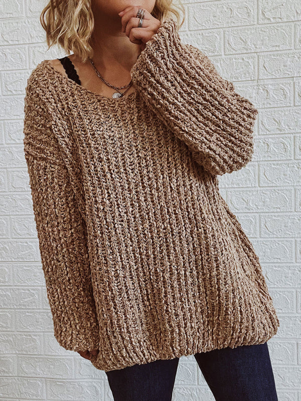 V-Neck Drop-Shoulder Sleeve Knit Sweater Sweater-[Adult]-[Female]-2022 Online Blue Zone Planet