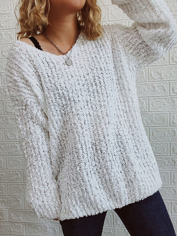 V-Neck Drop-Shoulder Sleeve Knit Sweater Sweater-[Adult]-[Female]-2022 Online Blue Zone Planet