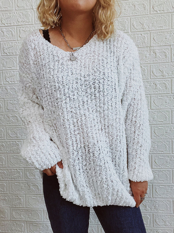 V-Neck Drop-Shoulder Sleeve Knit Sweater Sweater-[Adult]-[Female]-Raw white off white-S-2022 Online Blue Zone Planet