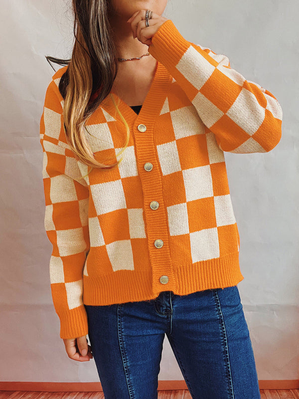 Checkerboard Contrast Single Breasted Drop Sleeve Sweater Cardigan BLUE ZONE PLANET