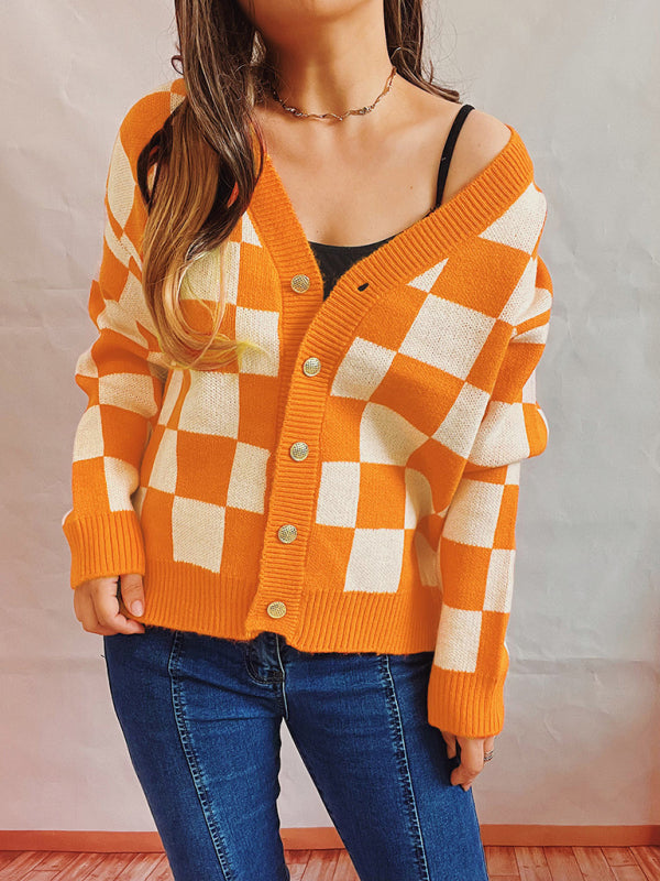 Checkerboard Contrast Single Breasted Drop Sleeve Sweater Cardigan BLUE ZONE PLANET