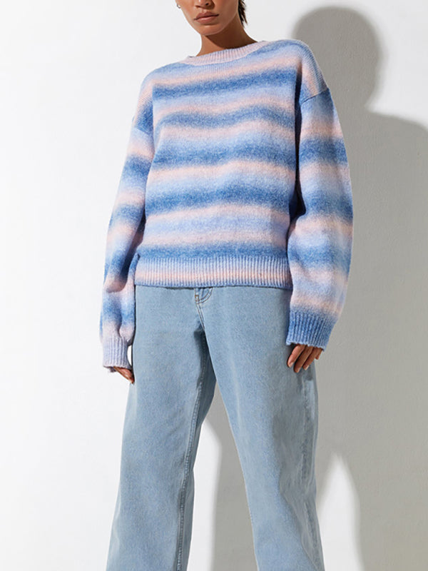 Blue Zone Planet | Striped Ombre Crew Neck Drop-Shoulder Sleeve Casual Sweater-TOPS / DRESSES-[Adult]-[Female]-Blue-S-2022 Online Blue Zone Planet