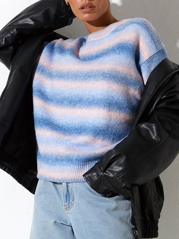 Blue Zone Planet | Striped Ombre Crew Neck Drop-Shoulder Sleeve Casual Sweater-TOPS / DRESSES-[Adult]-[Female]-2022 Online Blue Zone Planet