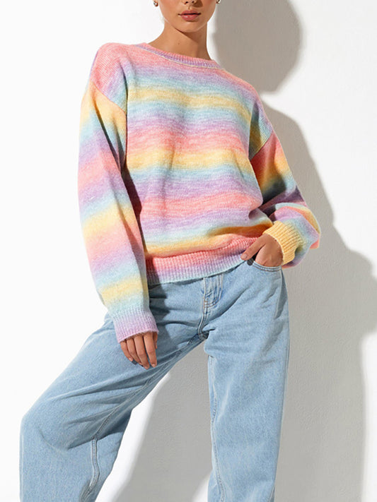 Blue Zone Planet | Striped Ombre Crew Neck Drop-Shoulder Sleeve Casual Sweater-TOPS / DRESSES-[Adult]-[Female]-Pink-S-2022 Online Blue Zone Planet